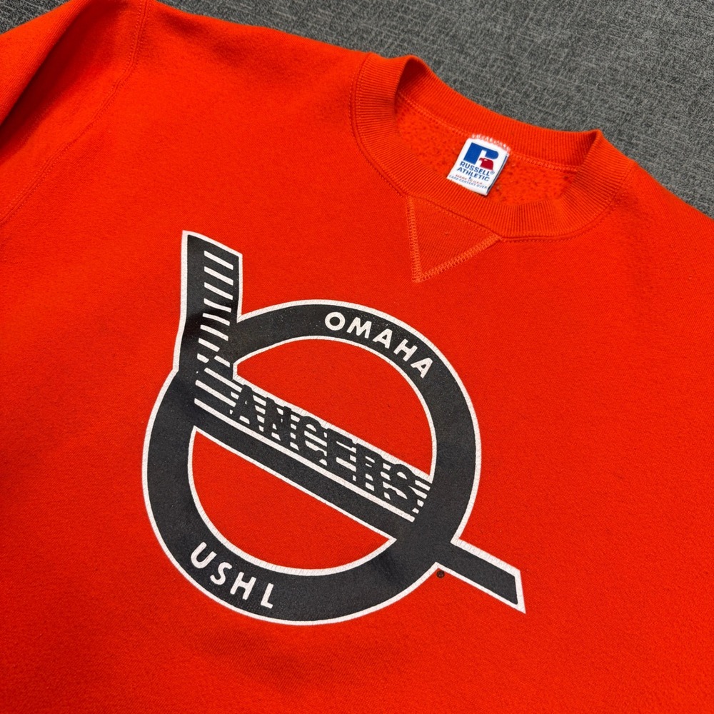 Vintage Russell Athletic Sweatshirt Mens Large Orange Omaha Lancers Hockey USA